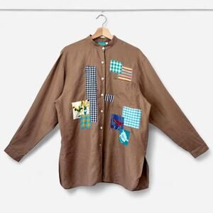 $228 NEW Chloe Cox OOAK Upcycled Handmade Patchwork Gingham Linen Shirt- Medium